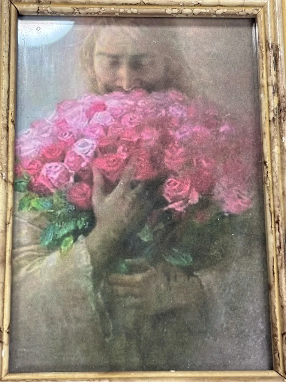 Decorative Wooden Picture Frame: Image of Jesus with Roses.